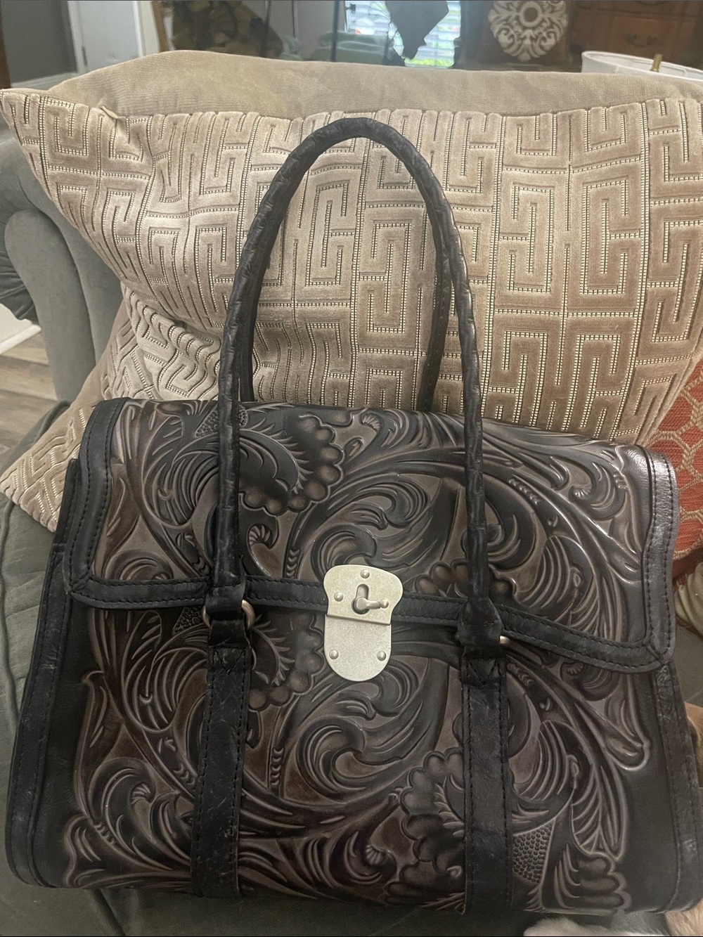 Patricia Nash Dark Brown Tooled Leather Satchel with Silver Lock